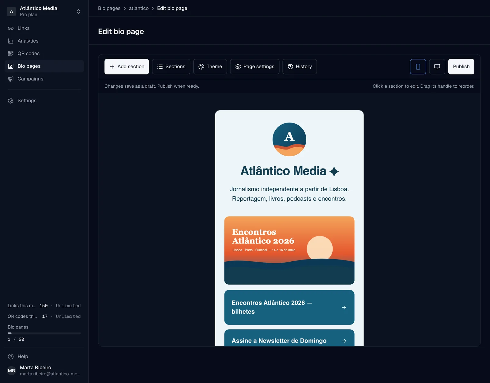 El editor de la página bio con vista previa de la página publicada
