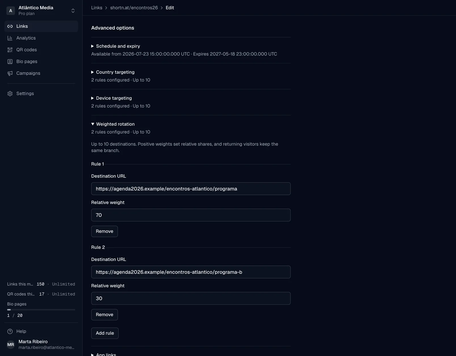 Edición de las reglas de un enlace: programación, segmentación por dispositivo y reparto del tráfico entre destinos
