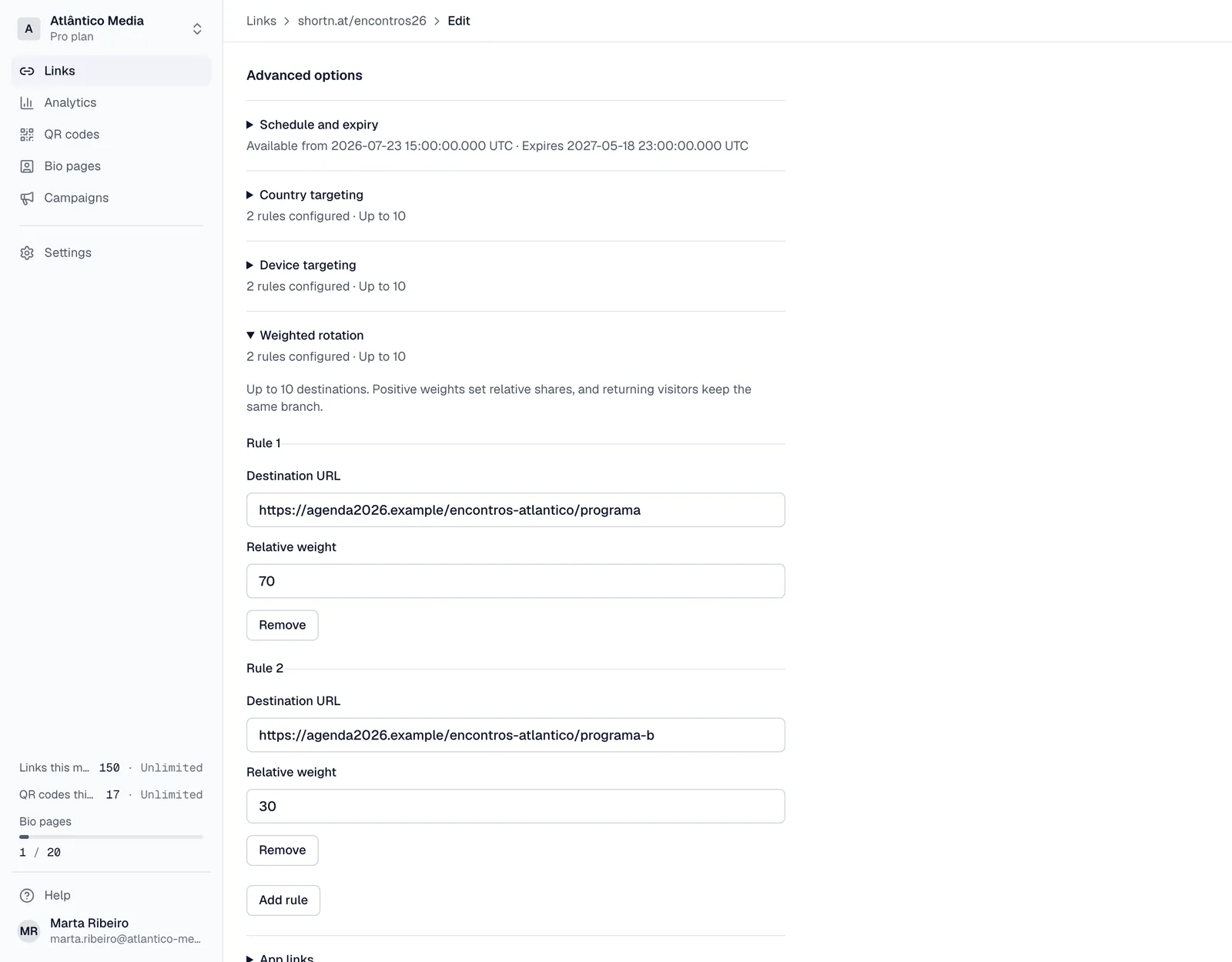 Edición de las reglas de un enlace: programación, segmentación por dispositivo y reparto del tráfico entre destinos