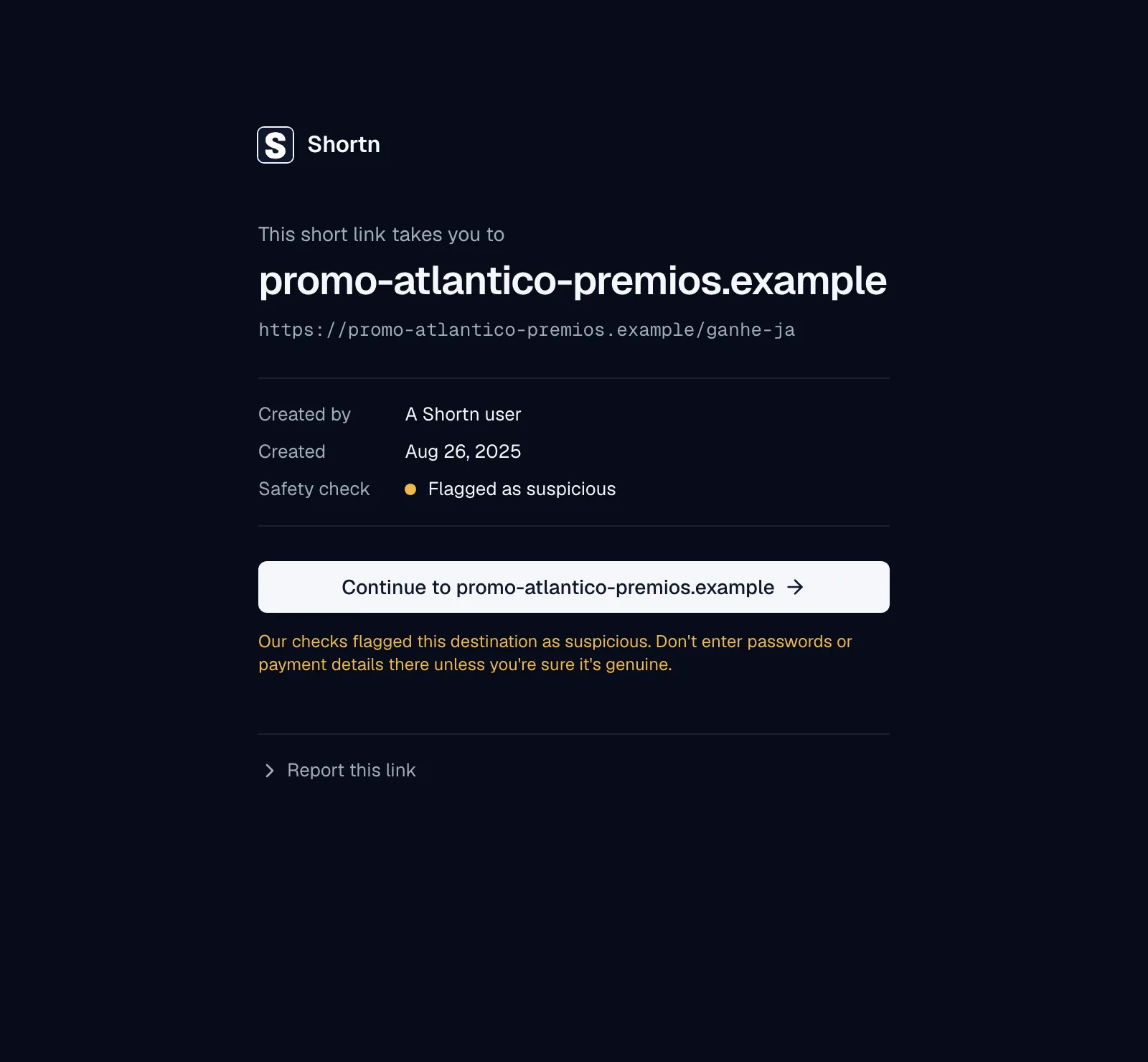 La página de aviso que ven los visitantes antes de un destino sospechoso
