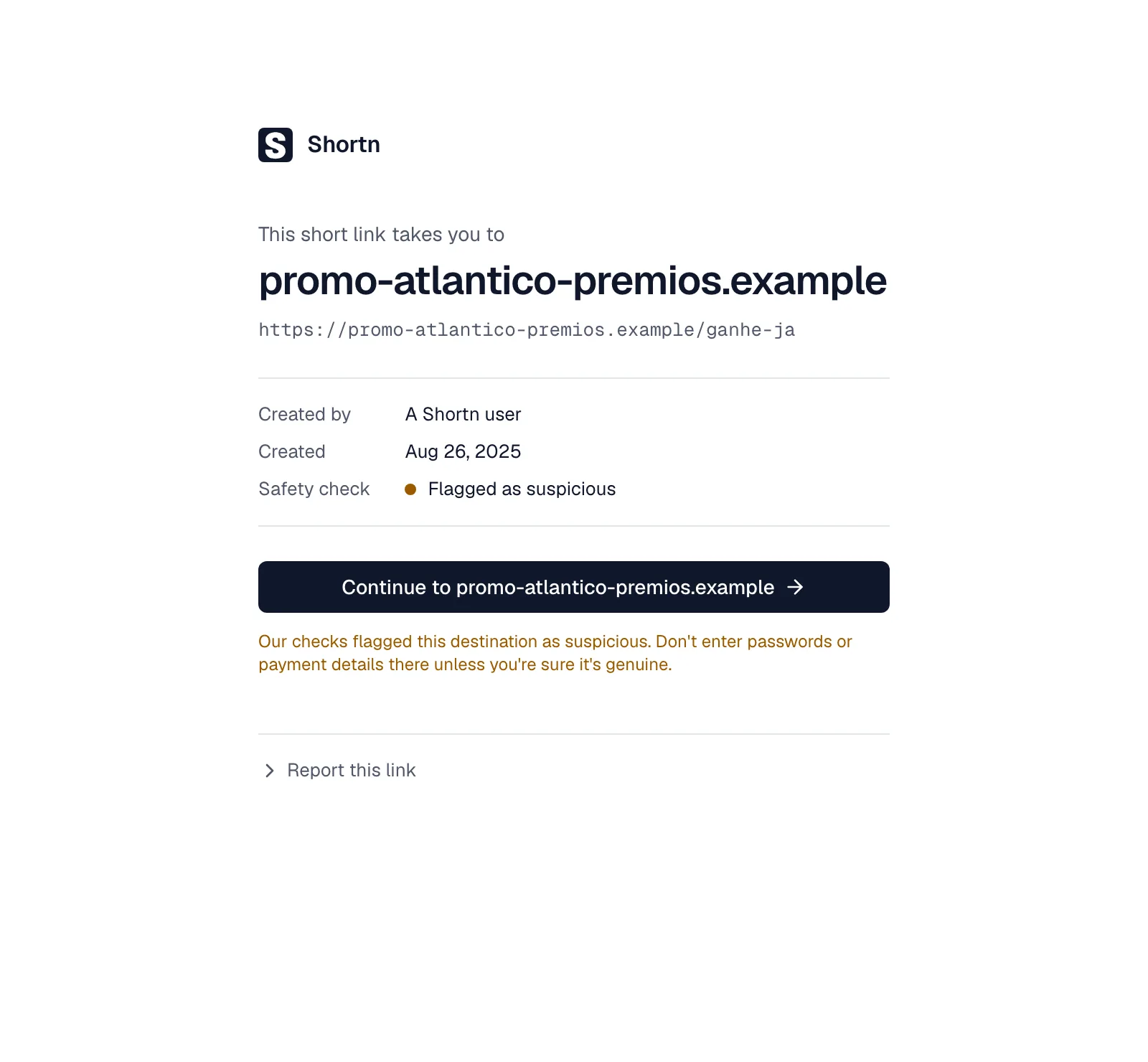 La página de aviso que ven los visitantes antes de un destino sospechoso