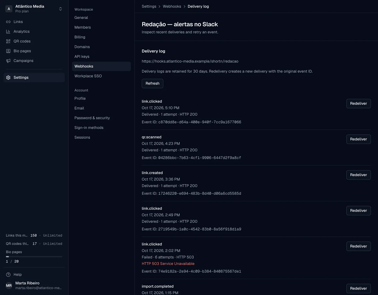 Un webhook con sus entregas recientes y sus códigos de respuesta