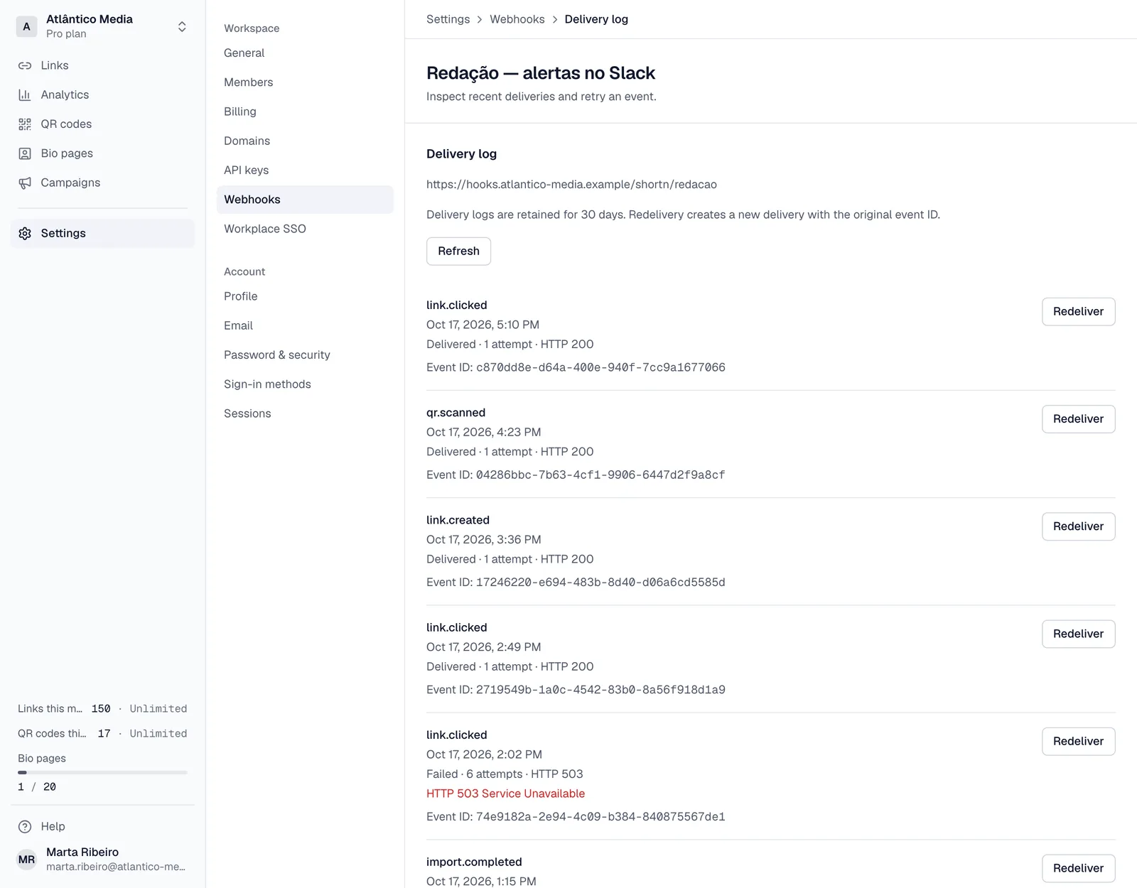 Un webhook con sus entregas recientes y sus códigos de respuesta